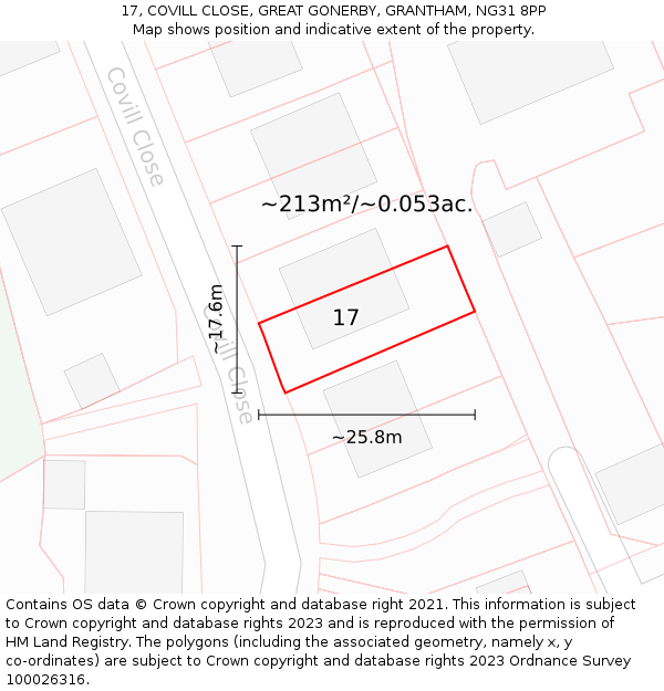 17, COVILL CLOSE, GREAT GONERBY, GRANTHAM, NG31 8PP: Plot and title map