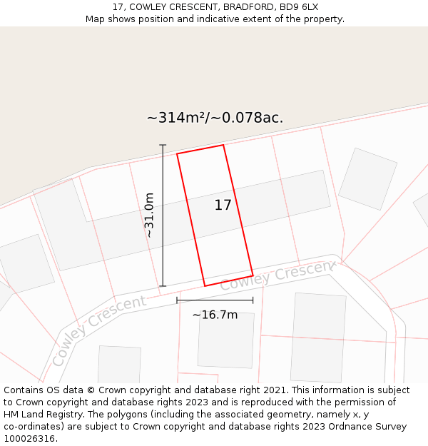 17, COWLEY CRESCENT, BRADFORD, BD9 6LX: Plot and title map