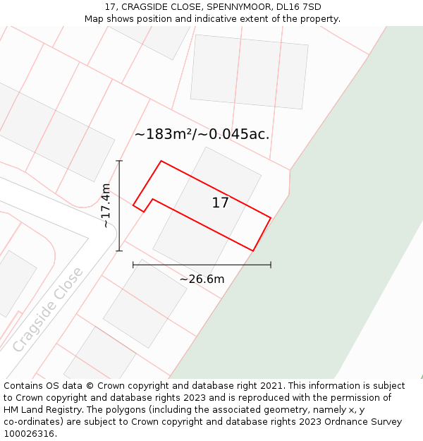 17, CRAGSIDE CLOSE, SPENNYMOOR, DL16 7SD: Plot and title map