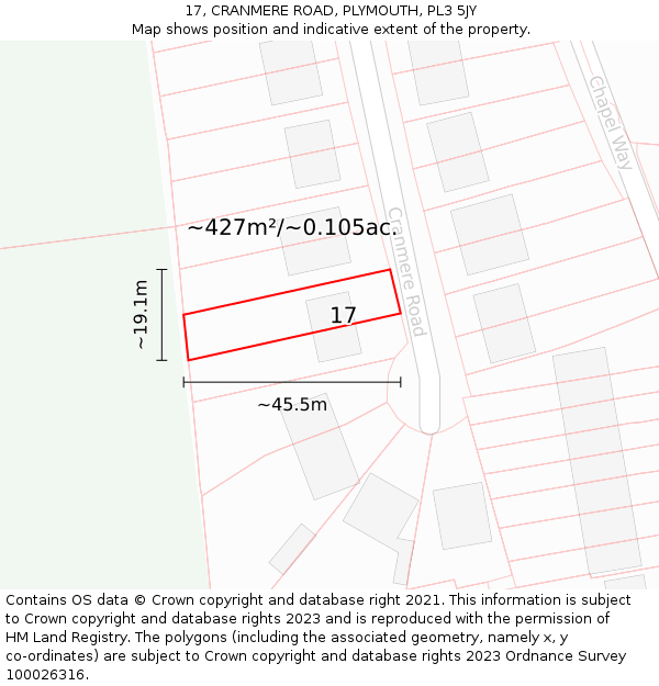17, CRANMERE ROAD, PLYMOUTH, PL3 5JY: Plot and title map