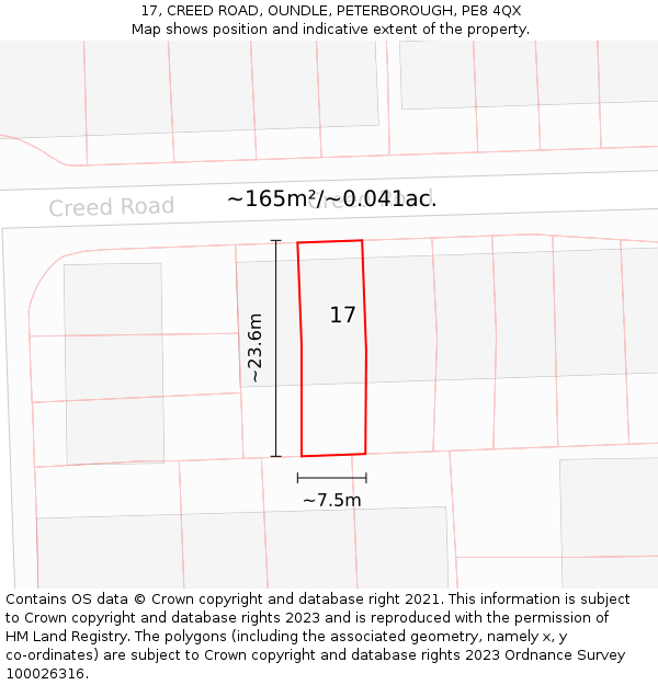 17, CREED ROAD, OUNDLE, PETERBOROUGH, PE8 4QX: Plot and title map