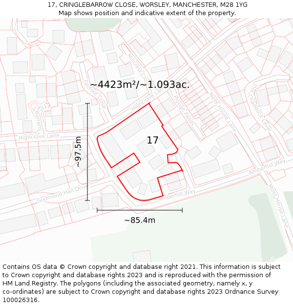17, CRINGLEBARROW CLOSE, WORSLEY, MANCHESTER, M28 1YG: Plot and title map