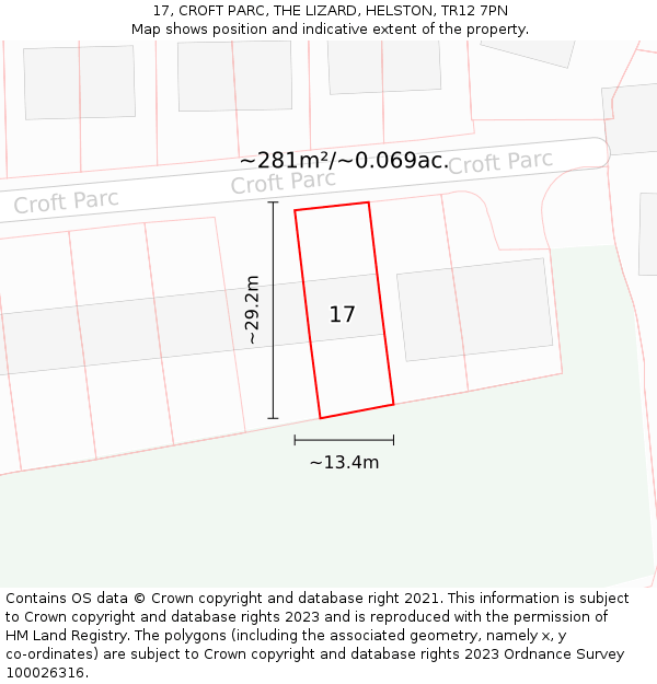 17, CROFT PARC, THE LIZARD, HELSTON, TR12 7PN: Plot and title map