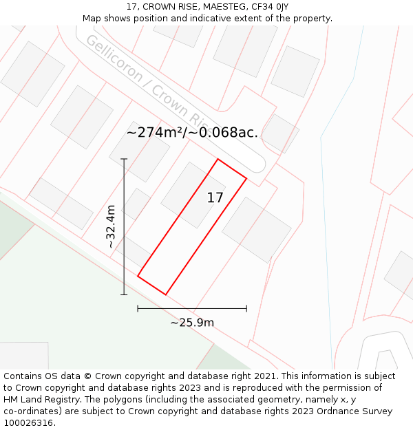 17, CROWN RISE, MAESTEG, CF34 0JY: Plot and title map