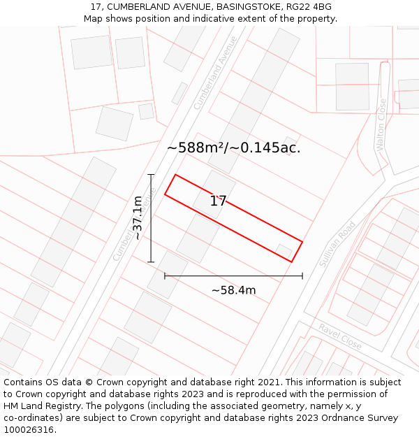 17, CUMBERLAND AVENUE, BASINGSTOKE, RG22 4BG: Plot and title map