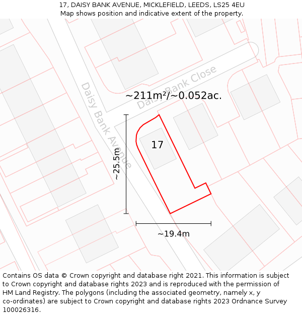 17, DAISY BANK AVENUE, MICKLEFIELD, LEEDS, LS25 4EU: Plot and title map