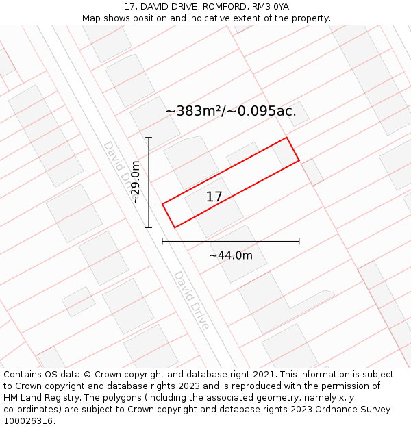 17, DAVID DRIVE, ROMFORD, RM3 0YA: Plot and title map