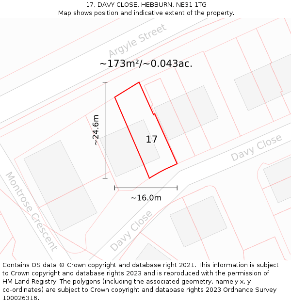 17, DAVY CLOSE, HEBBURN, NE31 1TG: Plot and title map