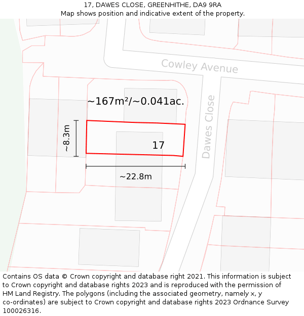 17, DAWES CLOSE, GREENHITHE, DA9 9RA: Plot and title map