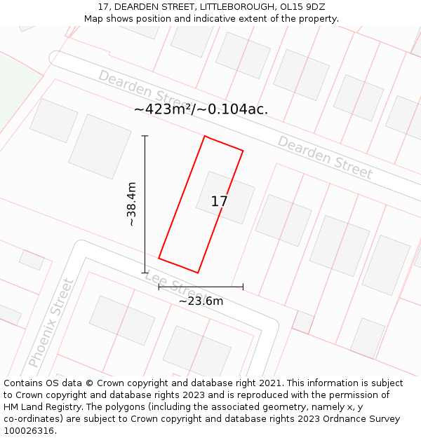 17, DEARDEN STREET, LITTLEBOROUGH, OL15 9DZ: Plot and title map