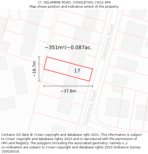 17, DELAMERE ROAD, CONGLETON, CW12 4PA: Plot and title map