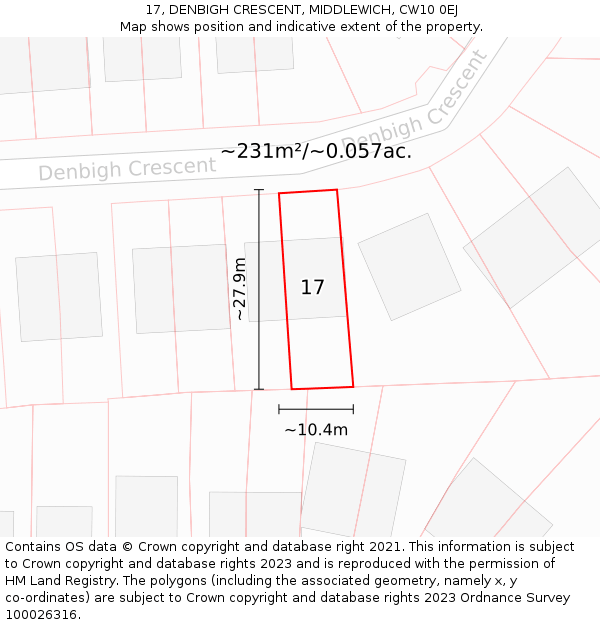 17, DENBIGH CRESCENT, MIDDLEWICH, CW10 0EJ: Plot and title map
