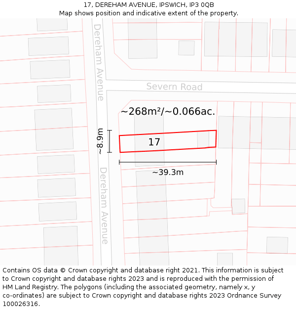 17, DEREHAM AVENUE, IPSWICH, IP3 0QB: Plot and title map