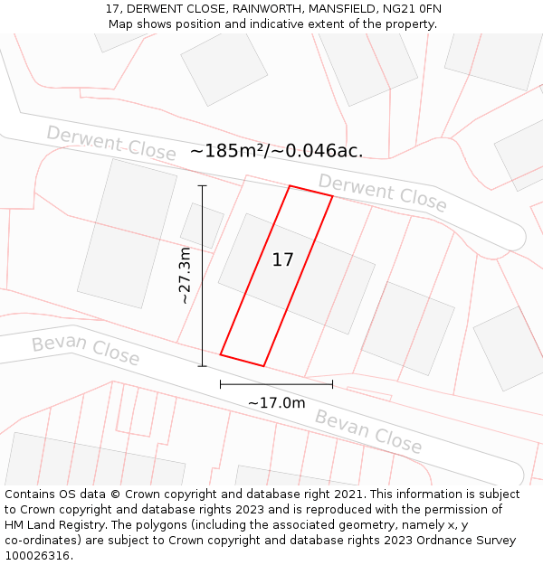 17, DERWENT CLOSE, RAINWORTH, MANSFIELD, NG21 0FN: Plot and title map