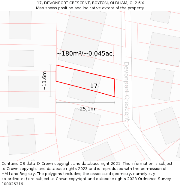 17, DEVONPORT CRESCENT, ROYTON, OLDHAM, OL2 6JX: Plot and title map