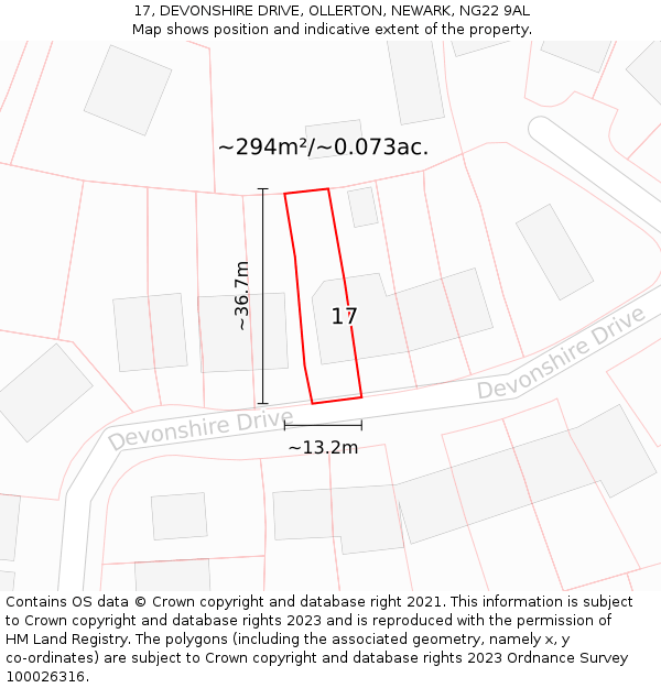 17, DEVONSHIRE DRIVE, OLLERTON, NEWARK, NG22 9AL: Plot and title map
