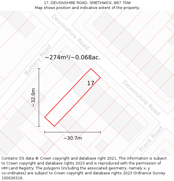 17, DEVONSHIRE ROAD, SMETHWICK, B67 7NW: Plot and title map