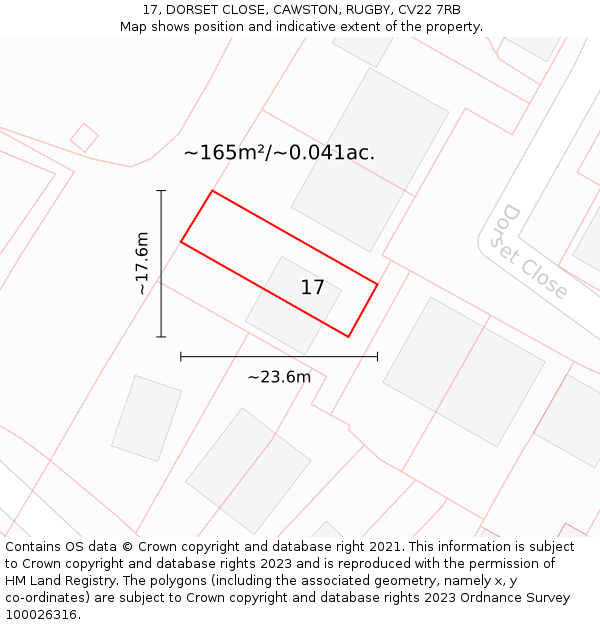 17, DORSET CLOSE, CAWSTON, RUGBY, CV22 7RB: Plot and title map