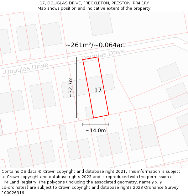 17, DOUGLAS DRIVE, FRECKLETON, PRESTON, PR4 1RY: Plot and title map