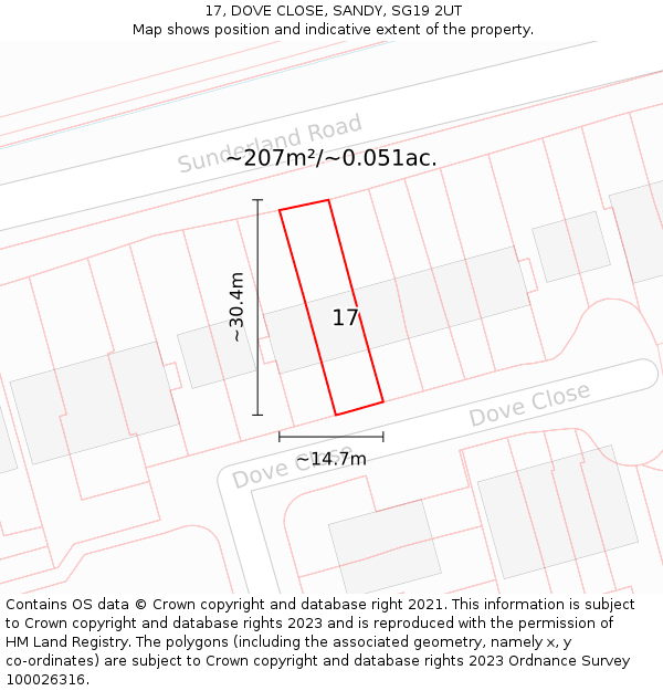17, DOVE CLOSE, SANDY, SG19 2UT: Plot and title map