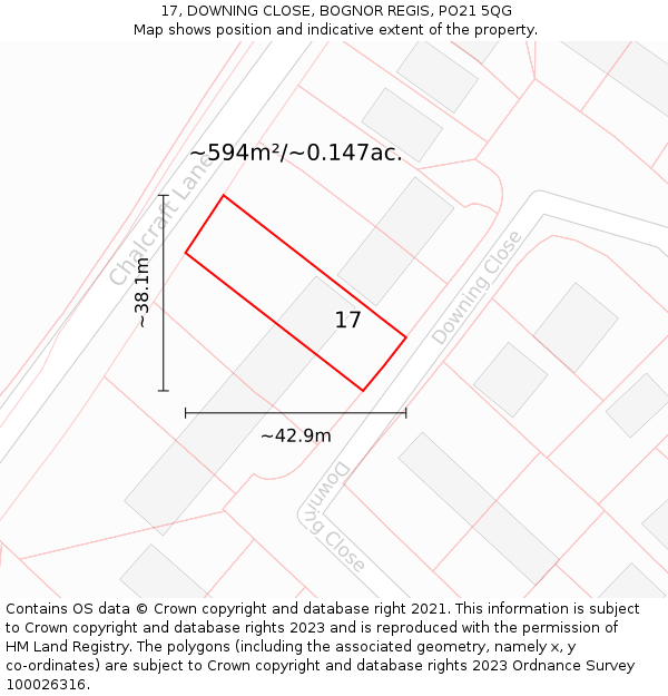 17, DOWNING CLOSE, BOGNOR REGIS, PO21 5QG: Plot and title map