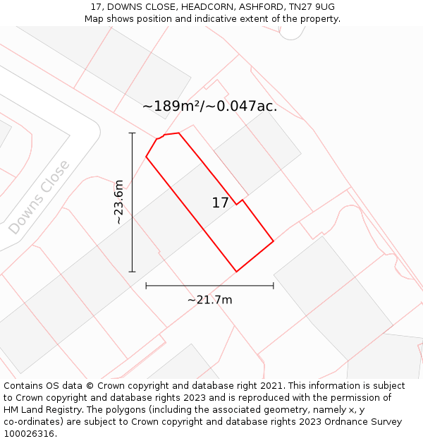 17, DOWNS CLOSE, HEADCORN, ASHFORD, TN27 9UG: Plot and title map