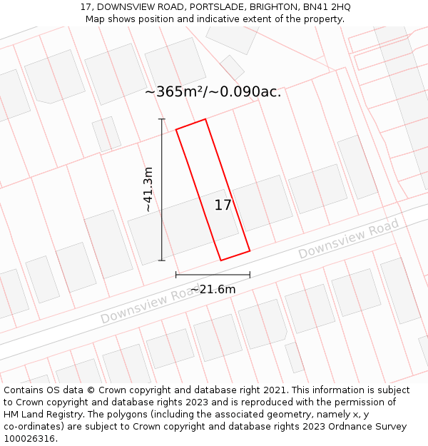 17, DOWNSVIEW ROAD, PORTSLADE, BRIGHTON, BN41 2HQ: Plot and title map