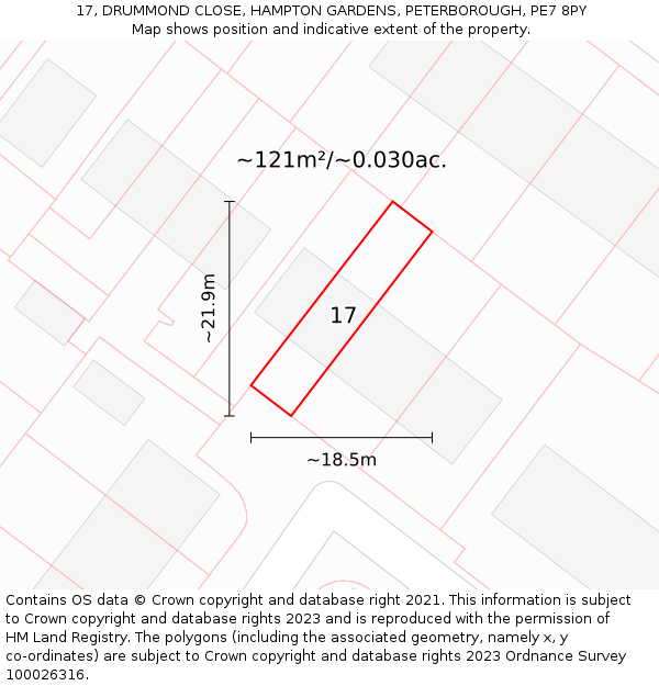 17, DRUMMOND CLOSE, HAMPTON GARDENS, PETERBOROUGH, PE7 8PY: Plot and title map