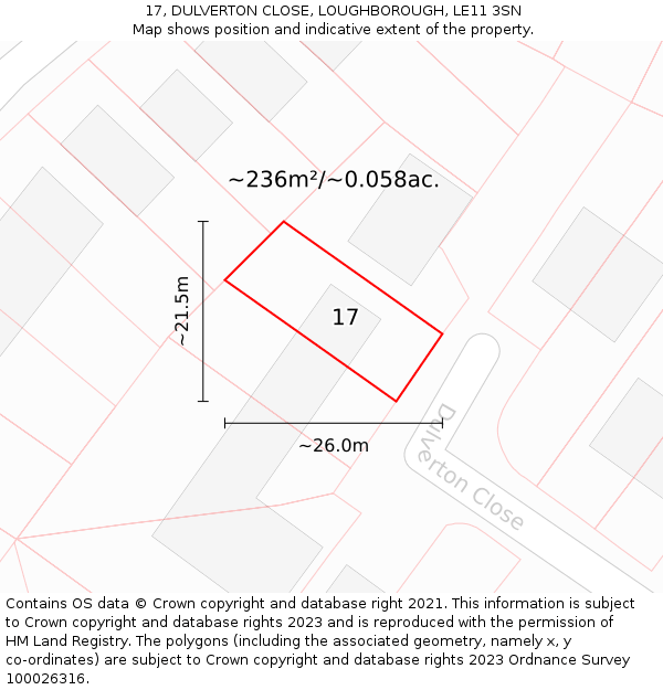 17, DULVERTON CLOSE, LOUGHBOROUGH, LE11 3SN: Plot and title map