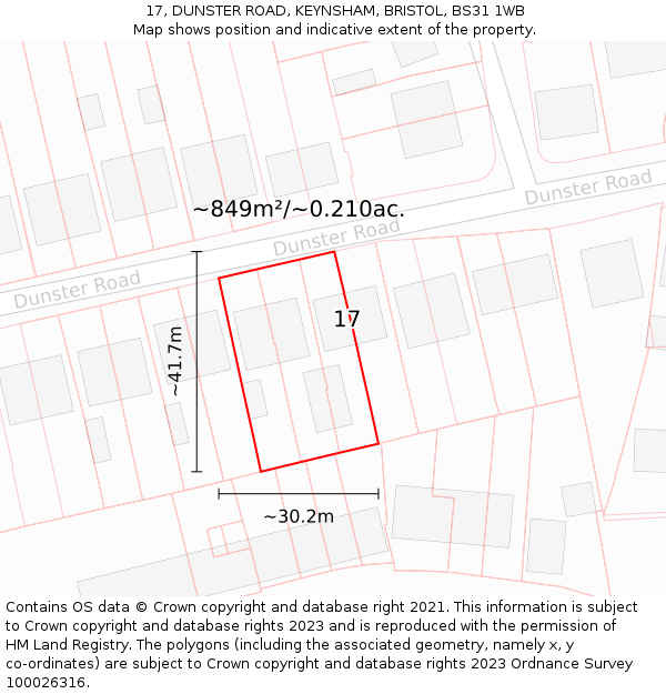 17, DUNSTER ROAD, KEYNSHAM, BRISTOL, BS31 1WB: Plot and title map