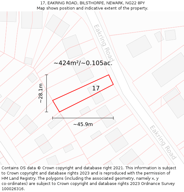 17, EAKRING ROAD, BILSTHORPE, NEWARK, NG22 8PY: Plot and title map