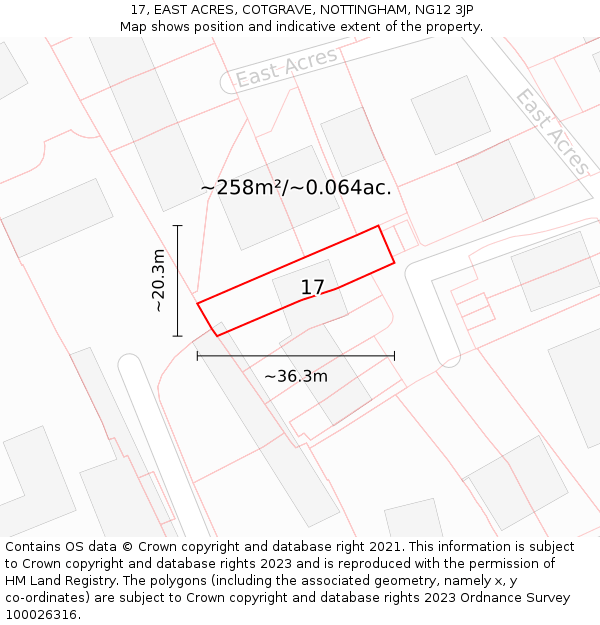 17, EAST ACRES, COTGRAVE, NOTTINGHAM, NG12 3JP: Plot and title map