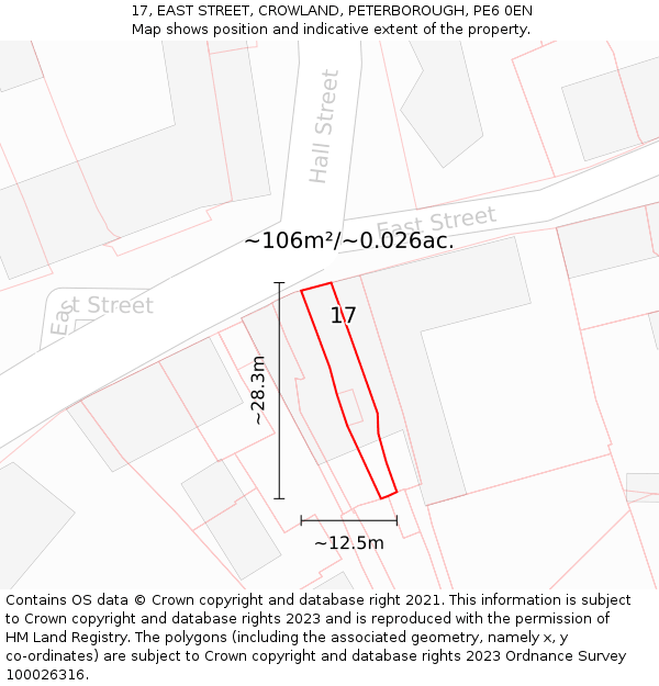 17, EAST STREET, CROWLAND, PETERBOROUGH, PE6 0EN: Plot and title map
