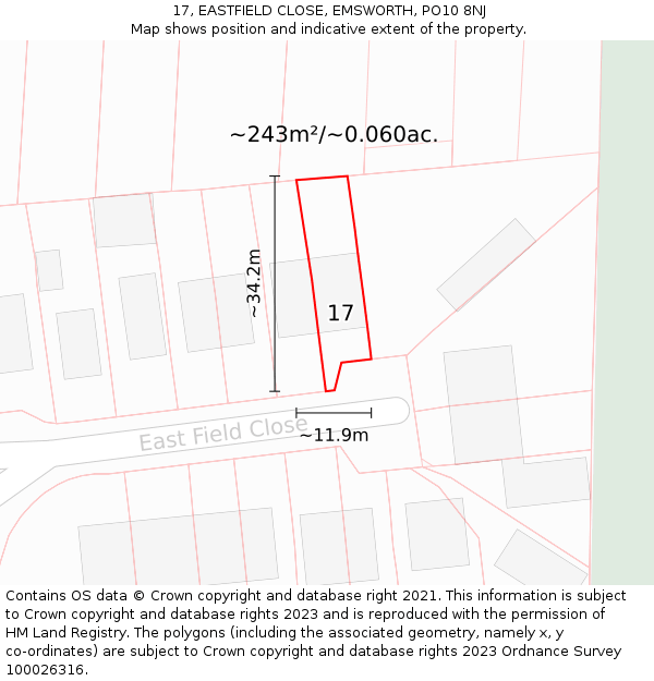 17, EASTFIELD CLOSE, EMSWORTH, PO10 8NJ: Plot and title map
