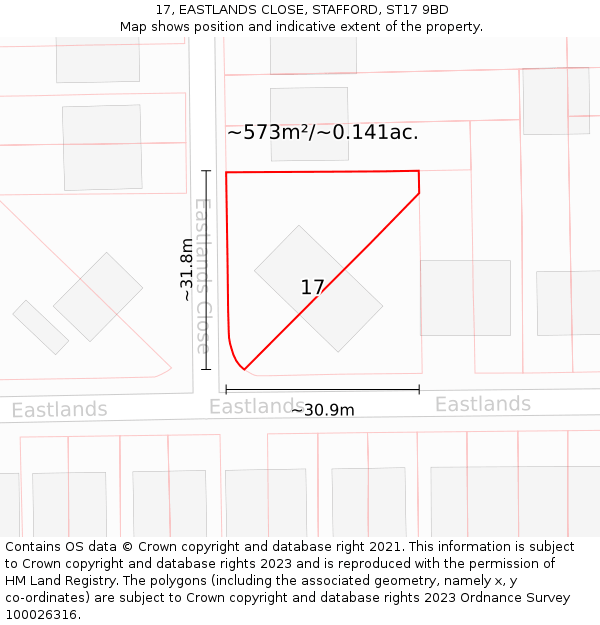 17, EASTLANDS CLOSE, STAFFORD, ST17 9BD: Plot and title map