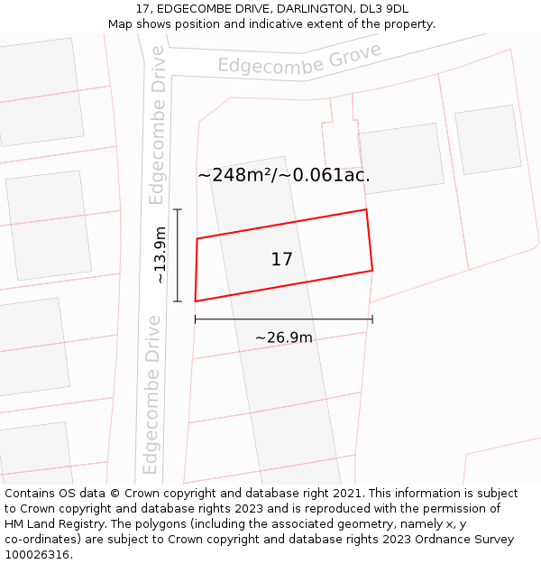 17, EDGECOMBE DRIVE, DARLINGTON, DL3 9DL: Plot and title map