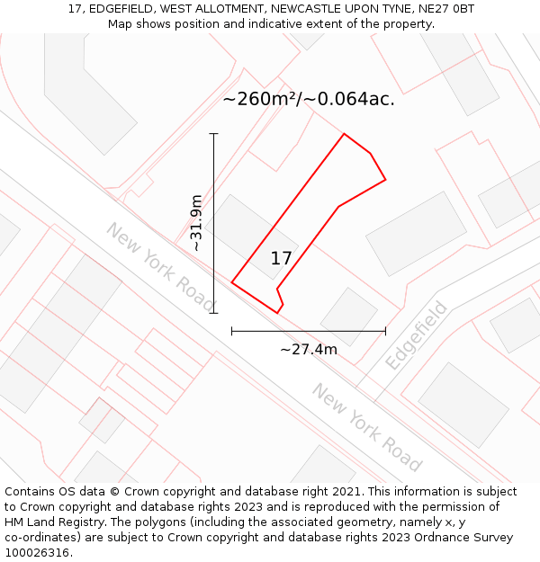 17, EDGEFIELD, WEST ALLOTMENT, NEWCASTLE UPON TYNE, NE27 0BT: Plot and title map