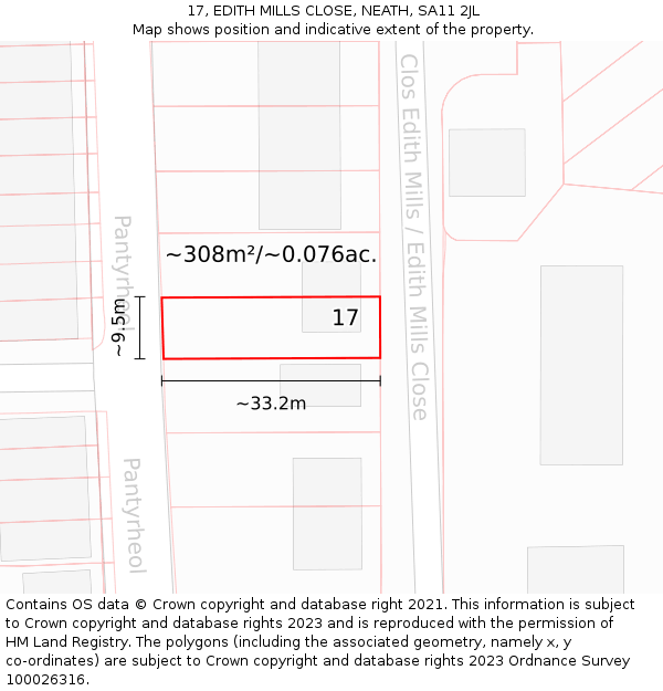 17, EDITH MILLS CLOSE, NEATH, SA11 2JL: Plot and title map