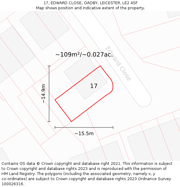 17, EDWARD CLOSE, OADBY, LEICESTER, LE2 4SF: Plot and title map