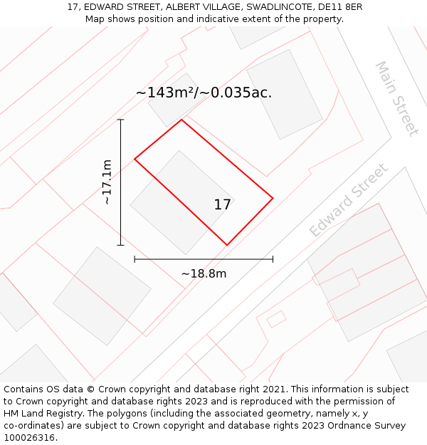 17, EDWARD STREET, ALBERT VILLAGE, SWADLINCOTE, DE11 8ER: Plot and title map