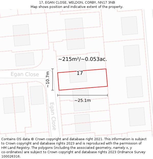 17, EGAN CLOSE, WELDON, CORBY, NN17 3NB: Plot and title map