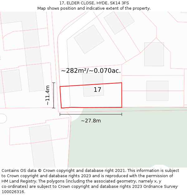 17, ELDER CLOSE, HYDE, SK14 3FS: Plot and title map