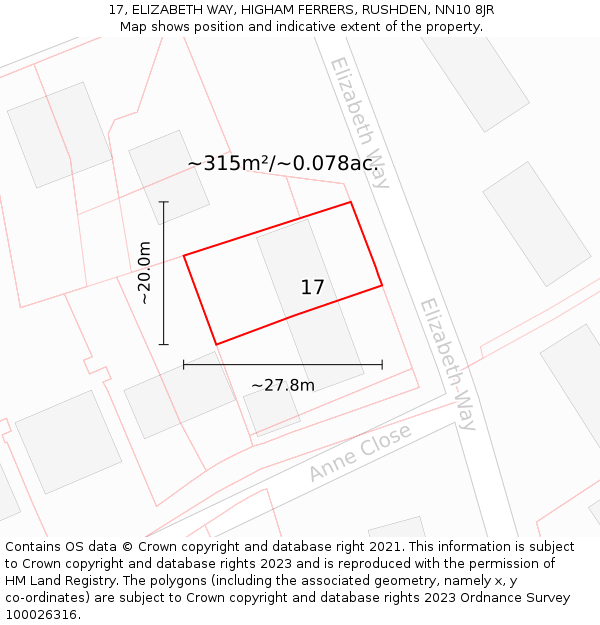 17, ELIZABETH WAY, HIGHAM FERRERS, RUSHDEN, NN10 8JR: Plot and title map