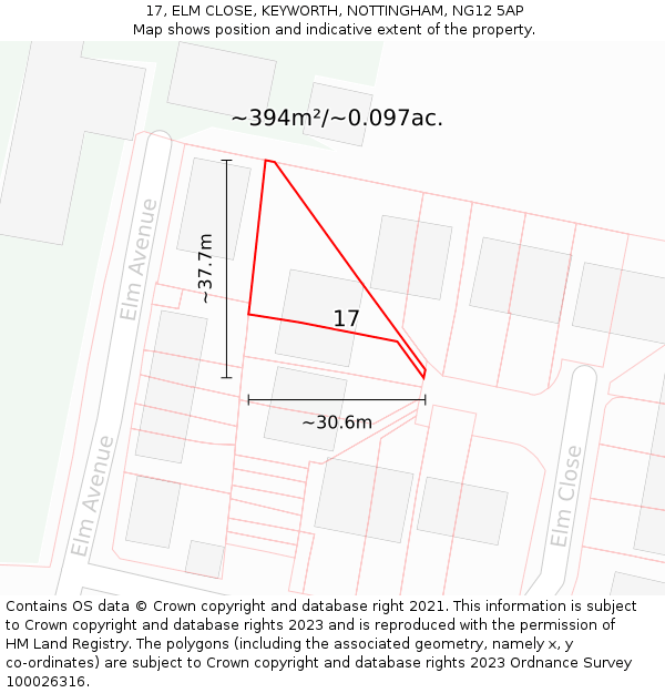 17, ELM CLOSE, KEYWORTH, NOTTINGHAM, NG12 5AP: Plot and title map