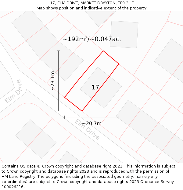 17, ELM DRIVE, MARKET DRAYTON, TF9 3HE: Plot and title map