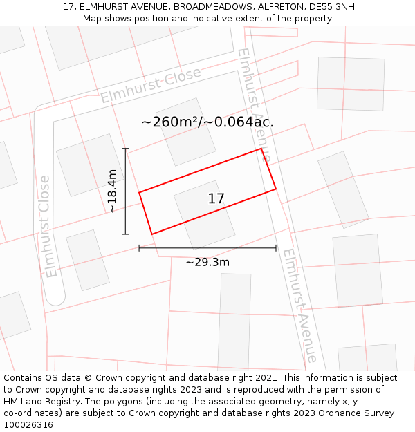 17, ELMHURST AVENUE, BROADMEADOWS, ALFRETON, DE55 3NH: Plot and title map