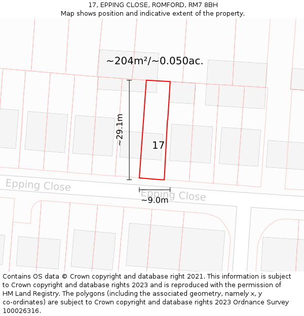 17, EPPING CLOSE, ROMFORD, RM7 8BH: Plot and title map