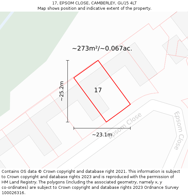 17, EPSOM CLOSE, CAMBERLEY, GU15 4LT: Plot and title map