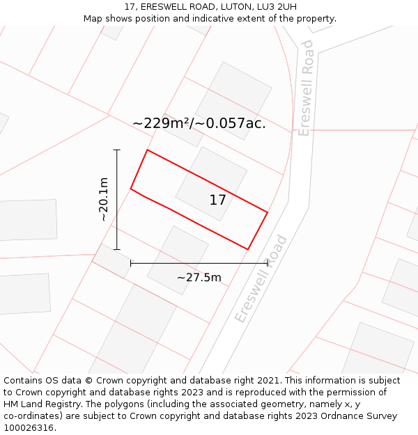 17, ERESWELL ROAD, LUTON, LU3 2UH: Plot and title map