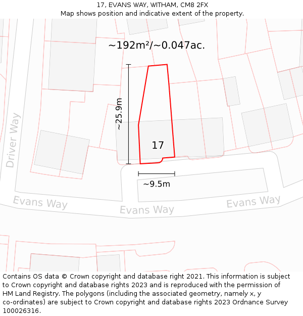 17, EVANS WAY, WITHAM, CM8 2FX: Plot and title map
